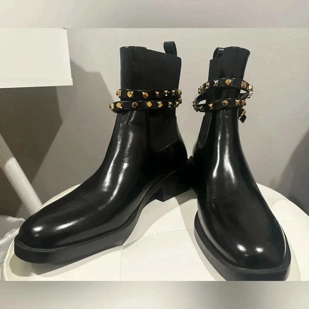 Zara Flat Chelsea Ankle Booties with studded gold straps and buckle (size 10) - Picture 6 of 12